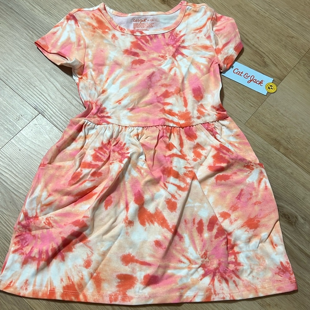 Cat & Jack Girl's Short Sleeve Pocket Dress Pink Tie Dye NWT